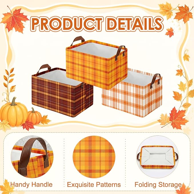 Britimes Fall Storage Baskets for Gifts, Fall Toy Storage Bins Box, 3 Pcs | Thanksgiving Autumn Orange Canvas Collapsible Baskets Organizer with Handles Nursery Decor Laundry Basket for Shelves Closet