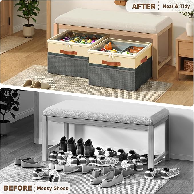 Shoe Organizer for Closet, 2 Pack Foldable Shoe Storage Organizer Box Bin with Adjustable Dividers and Clear Cover, Fits up to 16-32 Pairs（Grey&Beige）