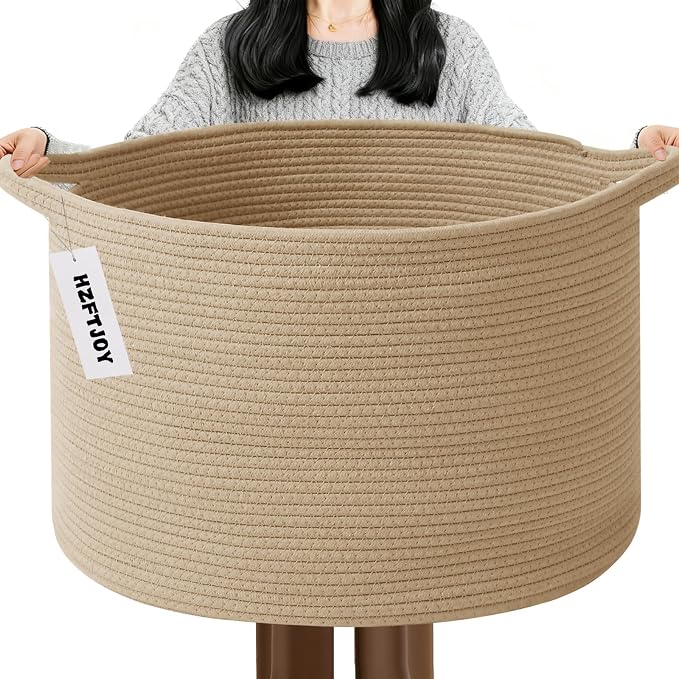 115L Extra Large Blanket Basket,Woven Rope Laundry Basket-Camel | Collapsible, reinforced handles, nursery storage bin organizes clothes, toys and pillows for living room, bedroom bathroom