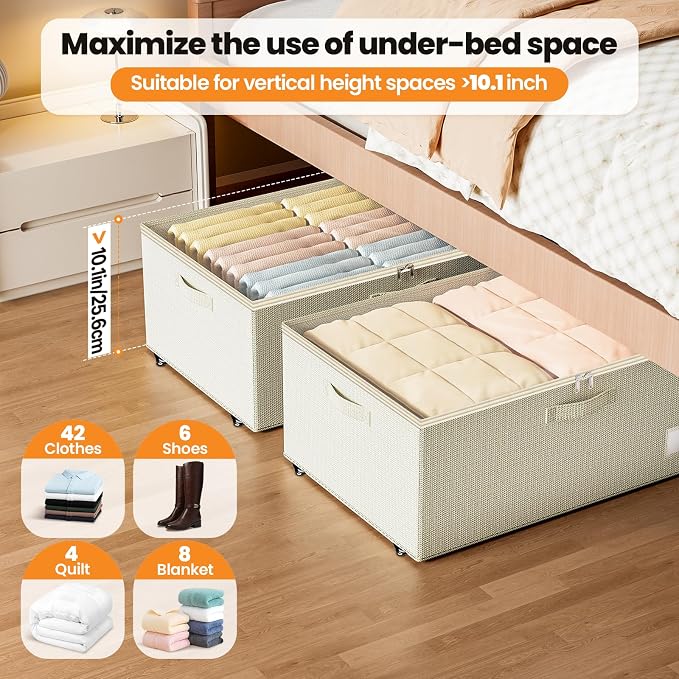 Dayacoco Under Bed Storage With Wheels,10in Underbed Storage Containers 65L | Large Capacity Underbed Storage, No Assembly Required Rolling Under Bed Storage for Clothes Blankets Shoes Beige