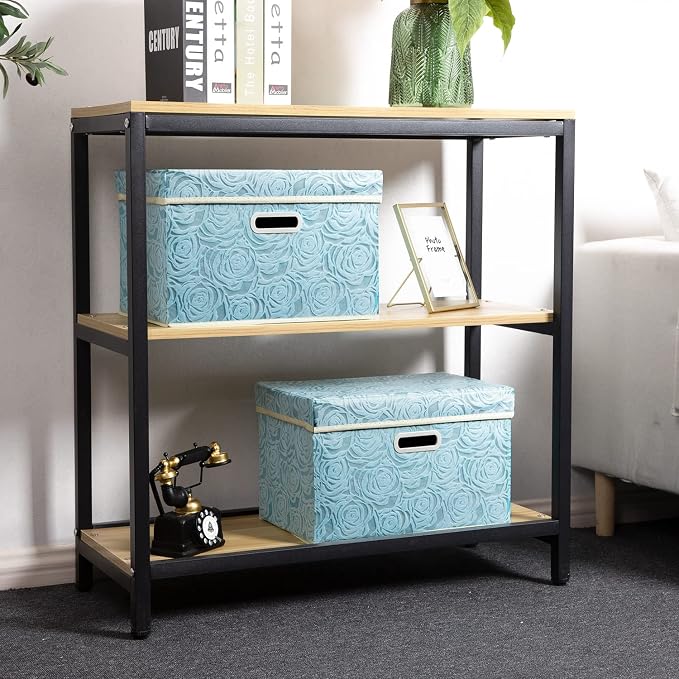 Stackable Storage Cubes with Lids [5-Pack] Fabric Decorative Storage Box Bins Organizer Containers Baskets with Cover Handles Divider for Bedroom Closet Living Room Blue 14.9x9.8x9.8 Inch
