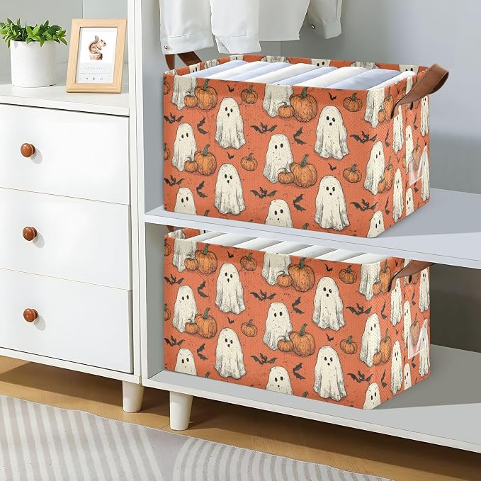 Fall Halloween Ghost with Pumpkin Storage Basket Foldable Cube Storage Bins with Handles&Label Waterproof Organizer Box Bin Large Rectangle Decorative Baskets for Shelves Home Room Laundry Party-2 PC