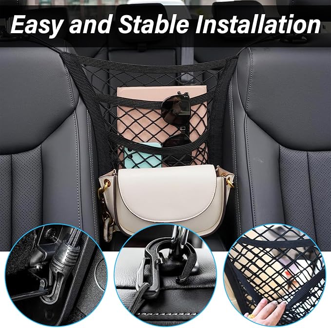 Kewucn 3 Layers Car Mesh Organizer, Four-Side Elasticity Auto Seat Back Net Bag Between Front Seats, Car Net Barrier of Backseat Pet Kids, Tissue Purse Holder, Storage Netting Pouch