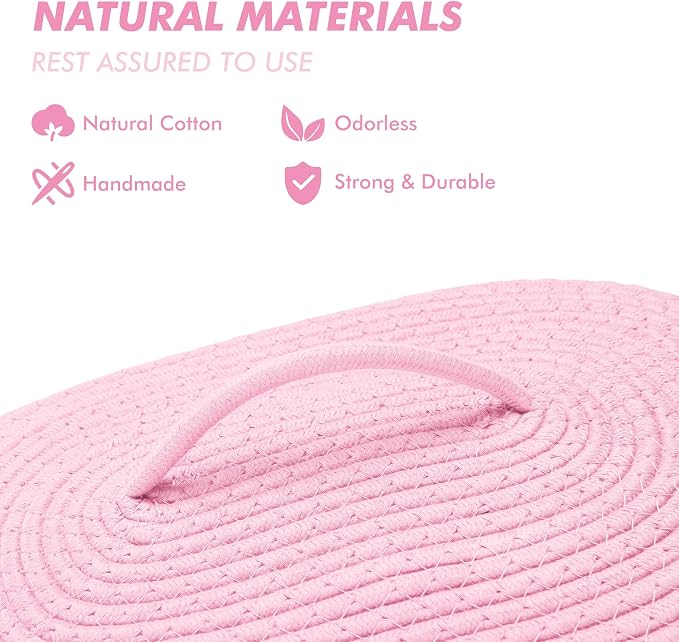Sea Team Oval Storage Basket, Woven Cotton Rope Basket with Lid, Pink | Decorative Knitted Storage Bin, Multi-Purpose Lidded Organizer for Closet Shelves, Nursery and Household Storage