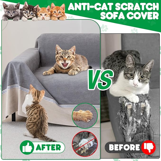 Loiion Cat Scratch Proof Furniture Protector Waterproof Sofa Cover 134"x91" | Pet-Friendly Couch Protector, Anti-Scratch & Anti-Slip Sofa Cover For Cats Dogs Kids, Machine Washable