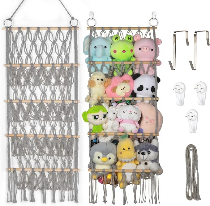 42 Cm Wide Over The Door Stuffed Animal Storage Hammock | Storage Holder Boho Macrame Plush Toy Organizer Net For Stuffed Animal Display Gray