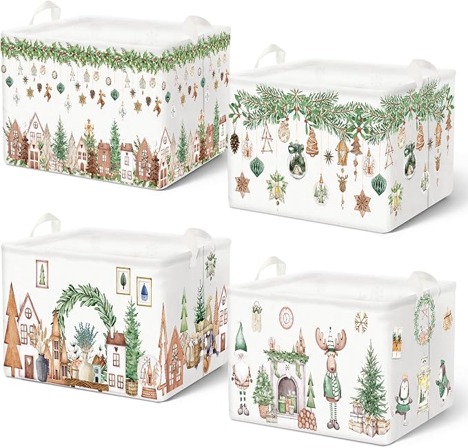 4pcs Christmas Storage Basket Fabric Laundry Baskets with Handle Xmas Foldable Organizer Boxes for Office Home Baby Cloth Toy Book 15 x 10 x 8(Neutral Wind)