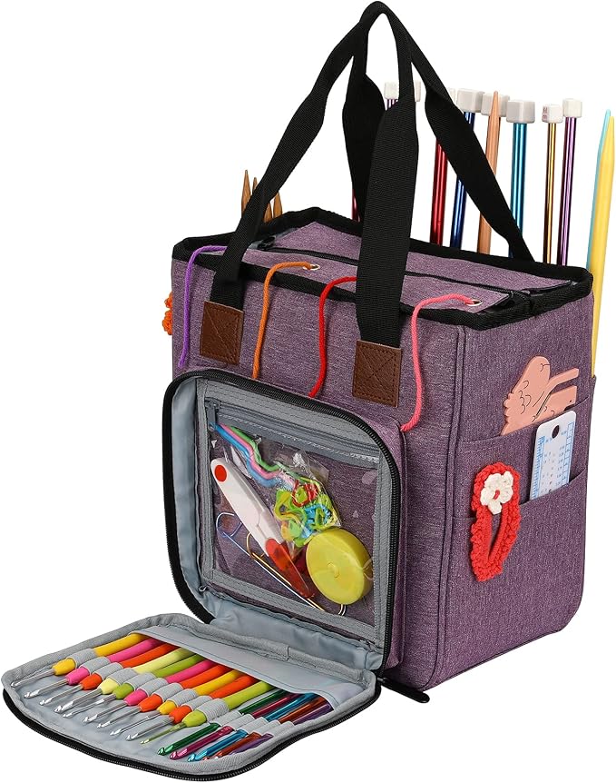 Yarn Knitting Storage Tote-Large Capacity Crochet Organizer Portable Travel Bag with Shoulder Strap Crochet Hooks Case for Unfinished Bulk Project Purple