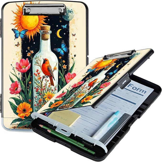 A4 Clipboard with Storage Pen Holder, Clipboards Organizer Nursing Clipboard Foldable File Folder Plastic Clipboard Folio Clip Board for Office Work Classroom Doctor, Drift Bottle Flowers