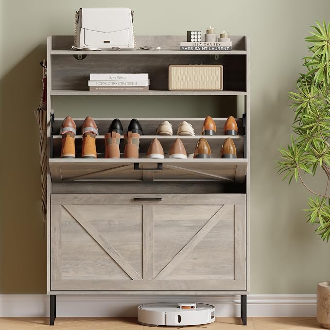 Xixini Shoe Storage Cabinet with 2 Flip Drawers, Entryway Shoe Rack, Grey | Freestanding Narrow Shoe Storage, Hidden Slim Wood Shoe Organizer, Modern Farmhouse, Open Storage & Hooks for Closet, Hallway