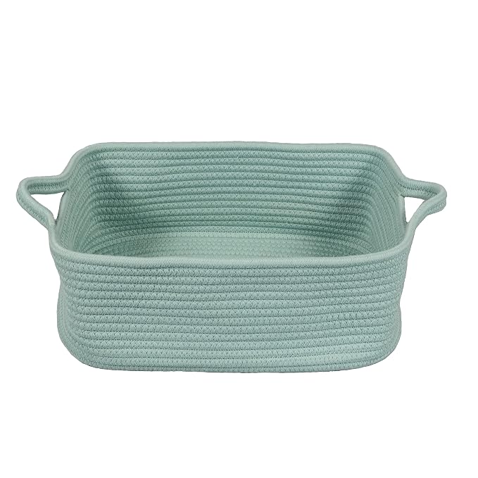 XUANGUO Medium Woven Cotton Rope Storage Basket with Handles, Light Green | Small decorative rectangle storage bin for baby nursery items and cat toys; ideal as an empty gift basket or dog toy basket