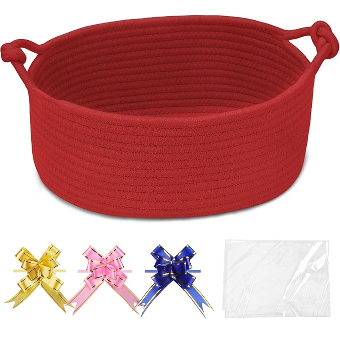 COMSE Small Gift Basket Empty with Bag & Ribbons, Solid Red | Cotton Rope, 12"x 8"x 5", Pet Toy Storage Organizer, Woven Basket for Birthdays, Baby Showers, Mother’s Day, Valentine’s Day