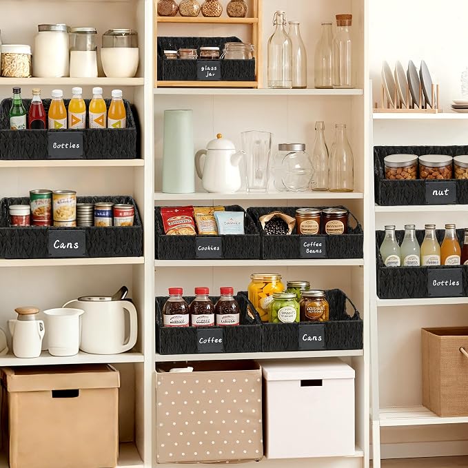 Black Pantry Baskets, Wicker Baskets for Shelves Organizing | Handwoven Pantry Organizers and Storage with Built-in Handles, Laundryroom Organization Storage Bins for Snack Cans