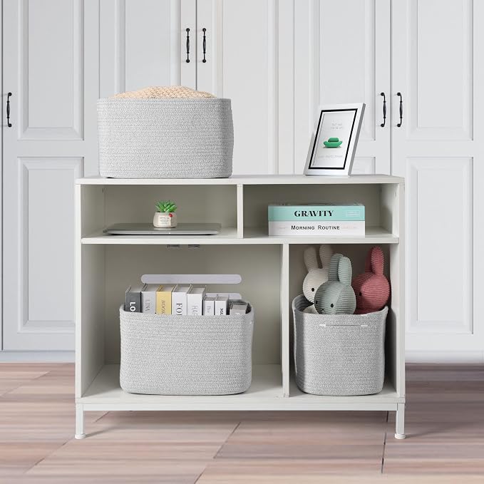 XUANGUO Woven Cotton Rope Storage Baskets 15x10x9.3" 3 Pack Grey | Decorative rectangular storage baskets for shelves and closets; storage bins organize clothes, toys, books and nursery items.