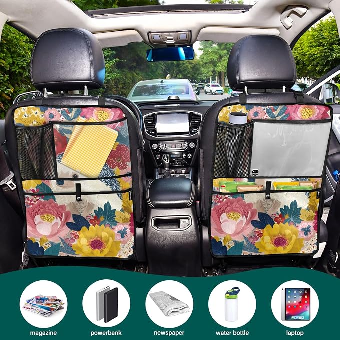 2 Pack Back Seat Car Organizer with Storage Pockets Kick Mats Back Seat Protector Hanging Car Organizer Automotive Seat Back Cover Organizers Garden Flowers Hedgehogs Colorful