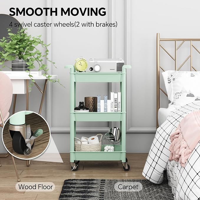 Steehoom 3-Tier Utility Rolling Cart with Cover Top Board, Mobile Utility Cart with Lockable Casters Multi-Functional Storage Trolley for Office, Bathroom, Kitchen, Garden, Laundry Room (Green)