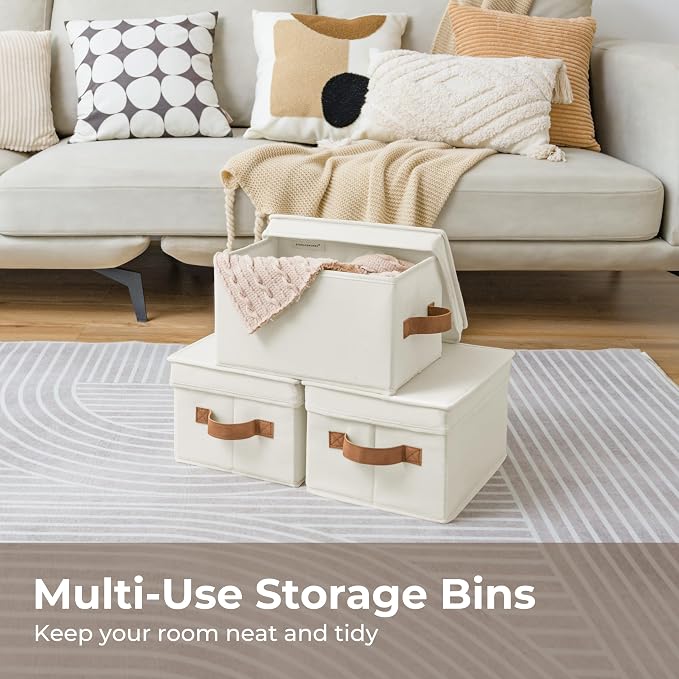 StorageWorks Fabric Storage Bins with Lids, Closet Storage Bins | Lidded Dust-proof, Easy Pull Handles, Foldable, Stackable, Ideal for Clothes Blanket Towel, Medium, Ivory, 3-Pack