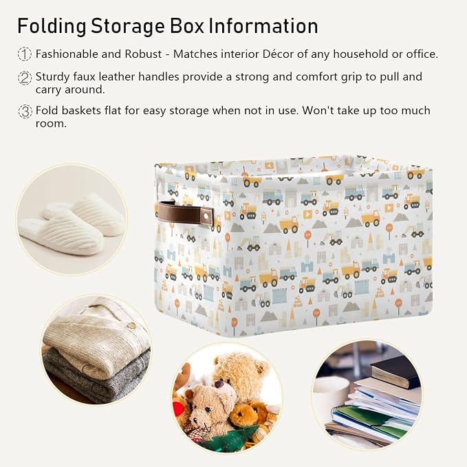 Wamika Excavator Truck Storage Basket Fabric Kitchen Baskets Cars Boys Open Home Storage Bins Boxes Foldable Organizer Bag for Baby Cloth Book Shelf Closet Baskets 16×12×8 Inches