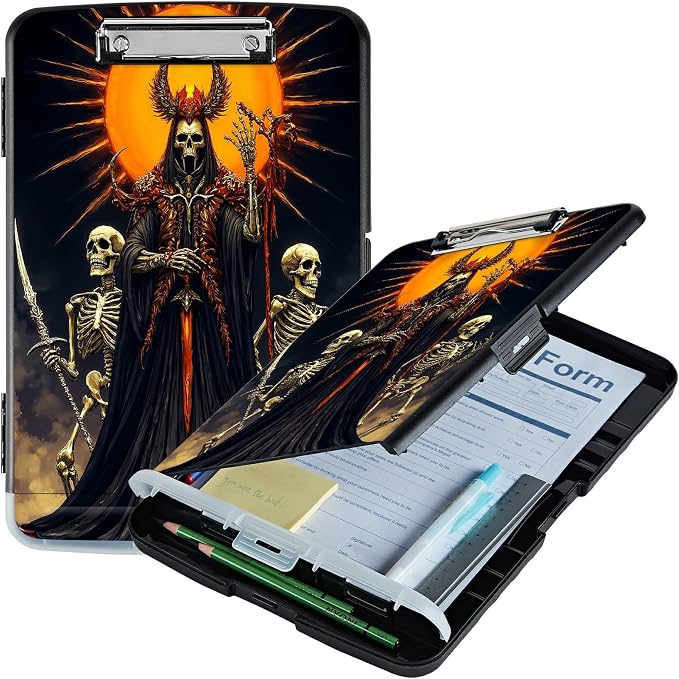A4 Clipboard with Storage Pen Holder, Clipboards Organizer Nursing Clipboard Foldable File Folder Plastic Clipboard Folio Clip Board for Office Work Classroom Doctor, Dark Skull Knight
