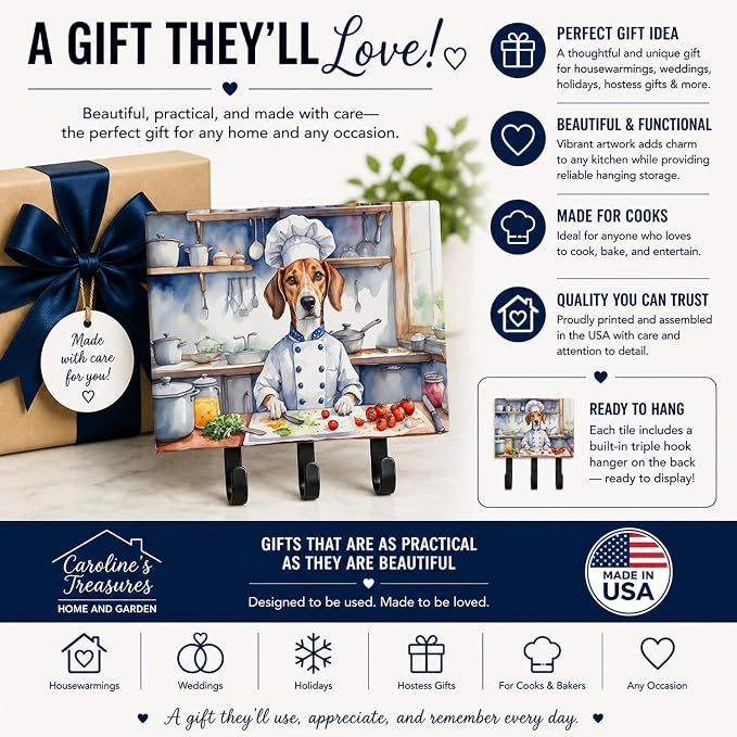 Caroline's Treasures American Foxhound The Chef Leash or Key Holder Wall Hooks, Key Hooks Holder, Coat Rack Wall Mount, Coat Hooks, Hooks for Hanging Keys, Towels, Aprons, Leashes | American Foxhound The Chef artwork on ceramic tile with three steel ho...