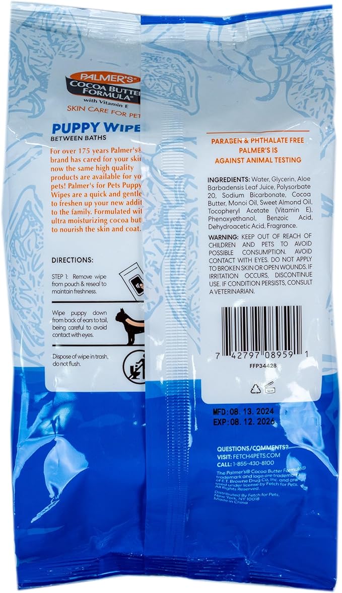 Palmer’s for Pets Cocoa Butter Formula Puppy Wipes for Dogs - Paraben and Phthalate Free Grooming Towelettes with Vitamin E for Between Bath Cleaning and Freshening, 100 Count