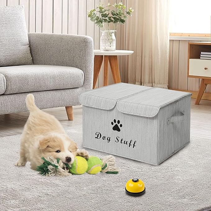Large Storage Boxes - Large Linen Fabric Foldable Storage Cubes Bin Box Containers with Lid and Handles for Dog Apparel & Accessories, Dog Toys(BambooGray)