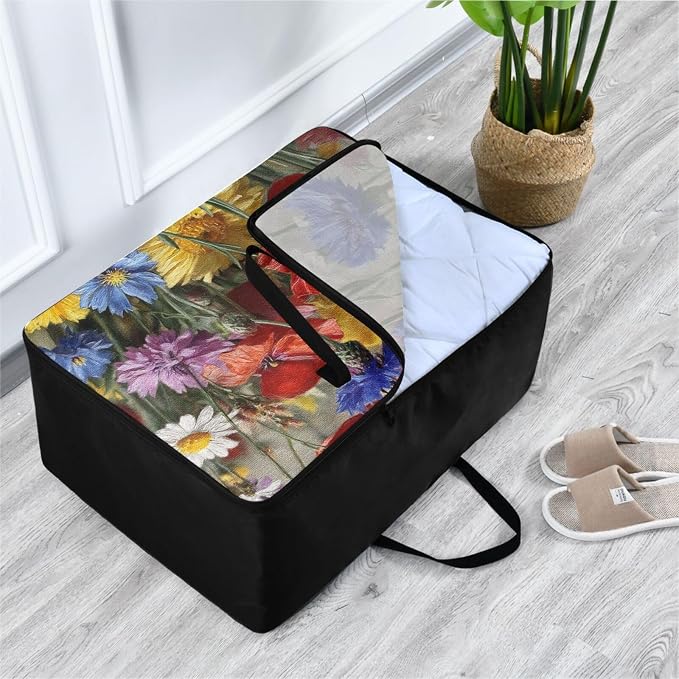Comforter Storage Bags Large Folding Blanket Organizer Bag with Strong Handles Clear Window Closet Storage Containers for Clothes King Queen Pillows Bedding Quilt Duvet Cornflower Poppy Daisy