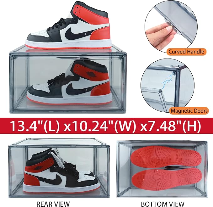 1 Pack Acrylic Grey Shoe Boxes for Flat,Loafer &Small Space, Fit Size 13 | Magnetic Side Door, Space-saving Clear Shoe Storage Boxes, Acrylic Display Case, Shoe Containers for Entryway & Sneaker