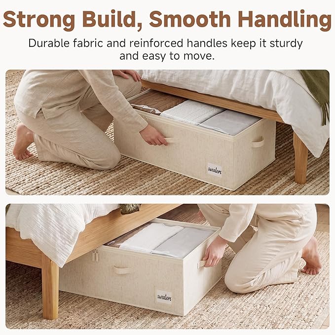 StorageWorks 10 Inch Tall Under Bed Storage Containers with Clear Lid | Reinforced Structure, Resists Sagging, Handles & Label Holder, Foldable Stackable Closet Storage for Clothes, Blankets, Toys