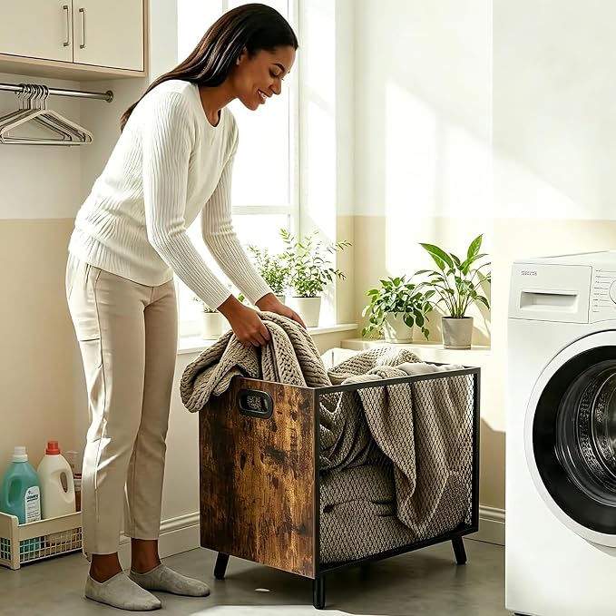 66L Blanket Basket, Laundry Basket Organizer With Rustic Industrial Design, Blanket Storage Basket For Living Room, Wood And Metal Mesh Construction