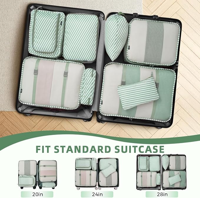 BAGAIL 8 Set Packing Cubes Luggage Packing Organizers for Travel Accessories-White and Matcha Stripe