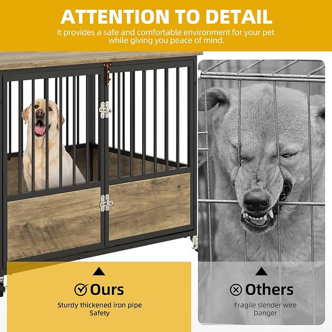 DWVO 43 Inch Dog Crate Furniture with Wheels & with Double-Doors | Dog Kennel Indoor Furniture End Table Dog Crate for Dogs, Farmhouse Decorative Wooden Dog Cage Table, Chew-Resistant, Greige