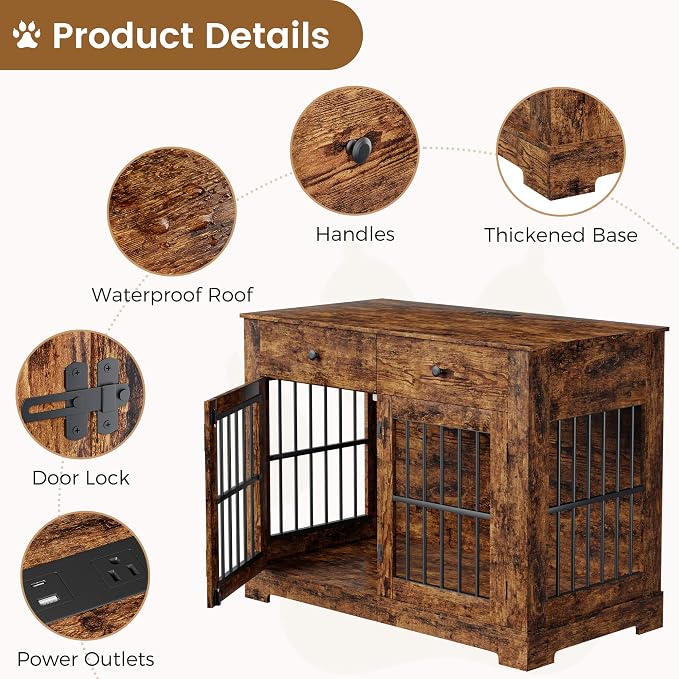 44.5'' Dog Crate Furniture with Storage Dog Kennel w/2 Drawers, Heavy-Duty Wooden Dog House Indoor End Table Tv Stand with Charging Station Pet Cage for Small/Medium Dogs(Brown)