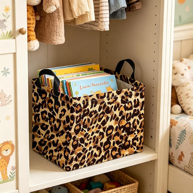 Rectangular leopard print baskets,Kids Storage Bins,Collapsible Canvas Waterproof Storage Bin for Girls,Cute Organizer Box,Book baskets,baby room Decor(Leopard Print)