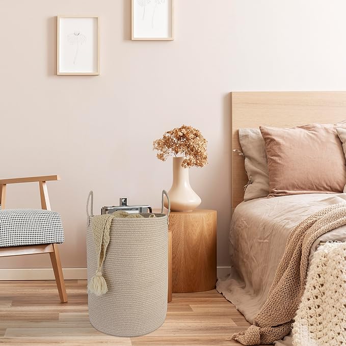 XUANGUO Cotton Rope Laundry Basket Hamper for Clothes Large Oatmeal | Baby Nursery Hamper Bin and Woven Storage Basket for Living Room Bedroom Boho Tall Rope Baskets Blankets Toys Pillows Towels