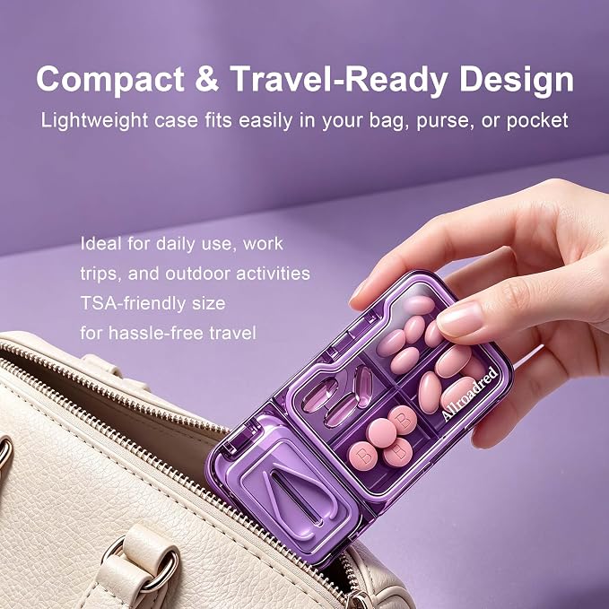 2-in-1 Pill Cutter and Splitter with Pill Organizer, Airtight Moisture-Proof Pill Case, Stainless Steel Blade for Tablets, Vitamins & Supplements, Travel Pill Case (Deep Purple)