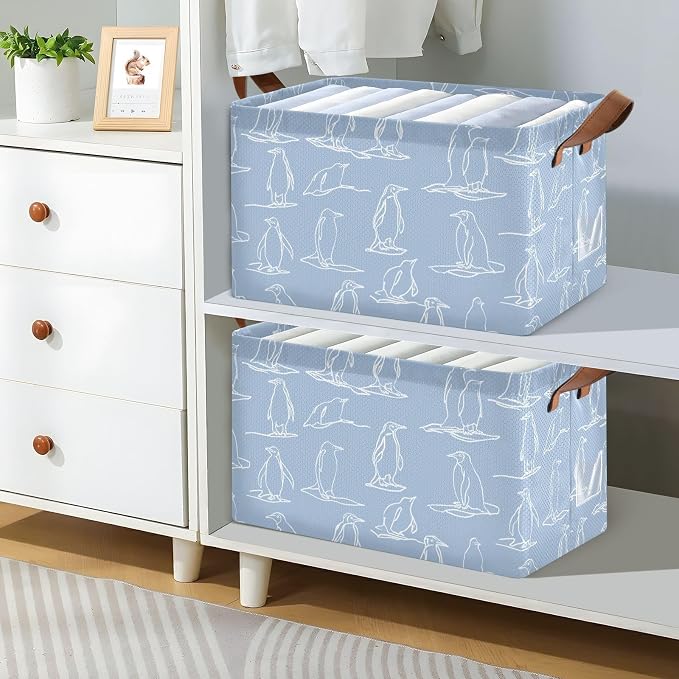 Light Blue Line Drawn Penguin Storage Basket Foldable Cube Storage Bins with Handles&Label Waterproof Organizer Box Bin Large Rectangle Decorative Baskets for Shelves Home Room Laundry-2 Pack