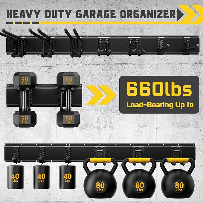 48" Garage Tool Organizer Wall Mount, 660lbs Heavy Duty Steel Garden Tool Storage Rack with 9 Adjustable Hooks for Yard, Shed, Garage (3 Racks, 9 Hooks, 2 Straps)
