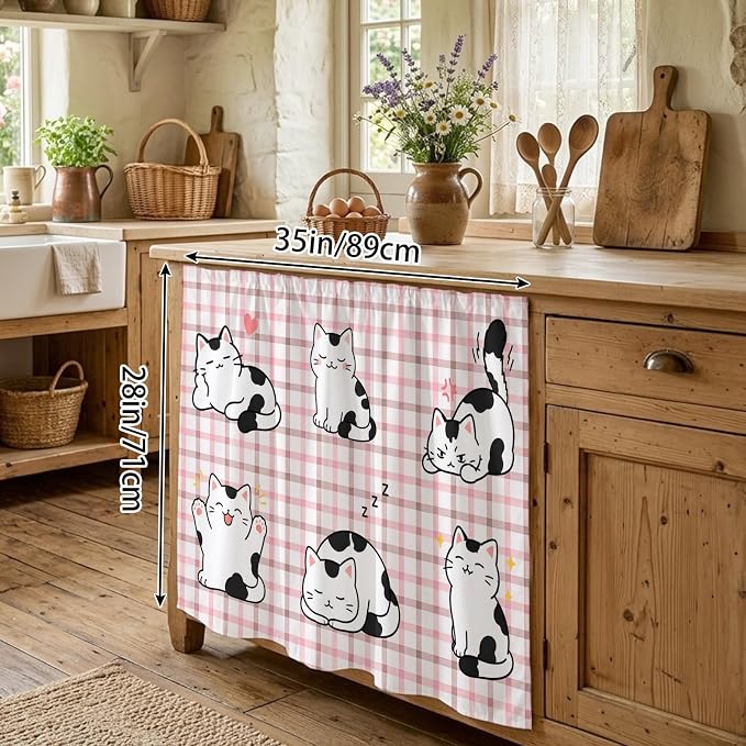 Cute Cat Oven Skirt Curtain for Kitchen Decor 28"x35", Modern Playful Pet Cats Pink Brown Plaid Self Adhesive Stove Curtains Skirt Cabinet Curtains for Bathroom Laundry Room