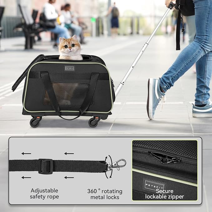 Petsfit Cat Carrier with Wheels, Removable Spinner Wheels, Up to 13 lb | Fits pets up to 15 L x 8 H in and 13 lb; removable spinner wheels, anti-sag frame, 4-sided mesh, safety tether and locks.