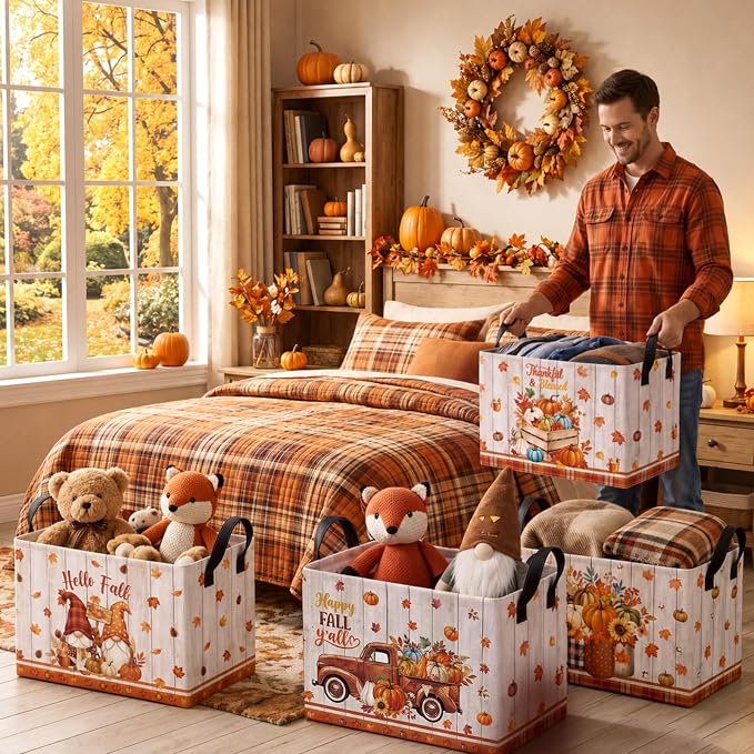 4 Pcs Fall Storage Basket for Gifts Empty Large Fall Pumpkin Storage Bins with Handles 15 x 10 x 8 Fabric Laundry Baskets Autumn Harvest Collapsible Organizer Boxes for Home Clothes Toys Books