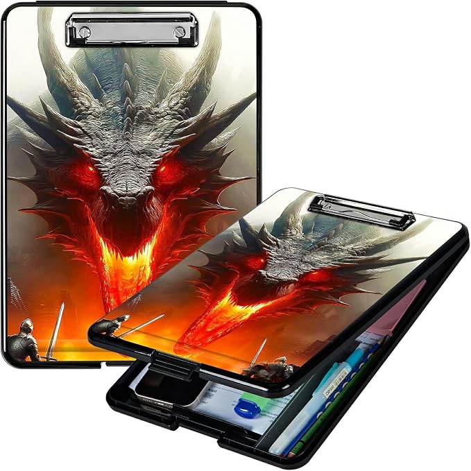 Heavy Duty Storage Clipboard, Slim Nursing Clipboard with Internal Pen Case, Portable File Organizer Case for A4 Letter Size Paper Office Medical Professionals, Grey Flame Dragon