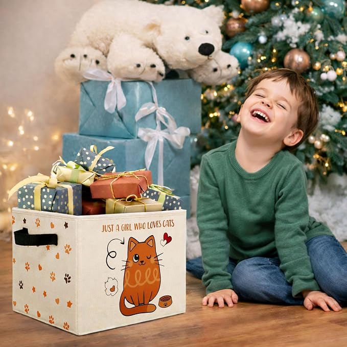 Cat Storage Bin, Foldable Fabric Basket for Girls Room Nursery | Foldable fabric storage bin with cat lover quote design for toys, books, clothes, nursery, bedroom, and playroom use.