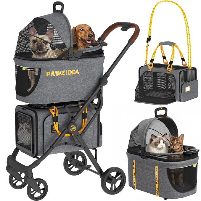 PAWZIDEA Double Pet Stroller with 2 Detachable Carrier, Multifunctional | Portable Travel Crate & Car Seat Combo & TSA-Approved Expandable Carrier, Foldable Jogger Stroller for 2–4 Cats or Small Dogs