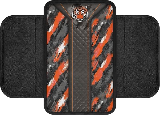 Howilath Center Console Armrest Cover, Soft Cushion with Pockets | Tiger Print Stretch-on Elastic Band, No Tools, Protects From Spills and Scratches, Fits Sedan/Truck