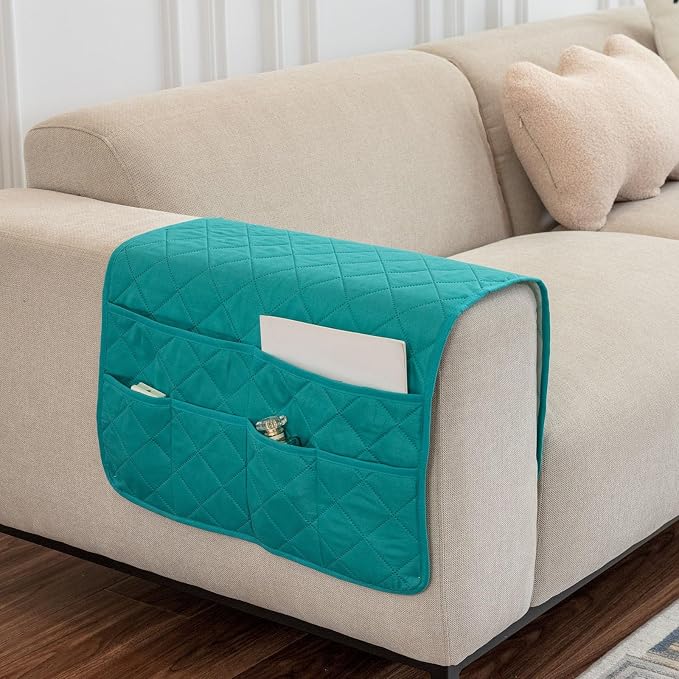 Arm Rest Covers for Sofa with 6 Pockets for Magazine Remote Control Couch Arm Covers Decorate Furniture Ant-Slip Armrest Organizer(Green)