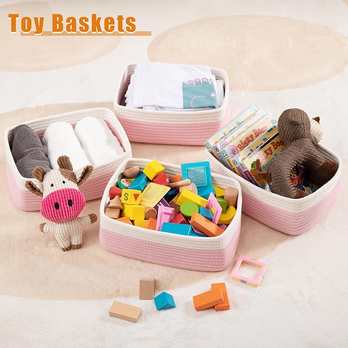 OIAHOMY 4 PACK 7L Storage Baskets for Organizing Storage Bins Pink | Small Bins for Shelves Small Storage Basket Shelf Baskets Organizer Baskets for Gifts Empty Cute Decorative Storage Bins