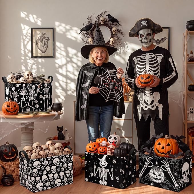 4 Pcs Halloween Storage Basket for Gifts Large Spooky Skeleton Storage Bins with Handles 15 x 10 x 8 Fabric Laundry Baskets Halloween Skull Collapsible Organizer Boxes for Home Cloth Toys Book