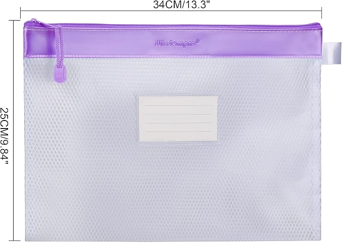 Wisdompro Zipper Pouch, 4 Pack Waterproof Mesh File Bag, Document Organizer | 13.3x9.8", Letter Size Mesh Bag with Outer Label Pocket, Durable, Perfect for File, Paper, Pen, Office, School & Home, Purple