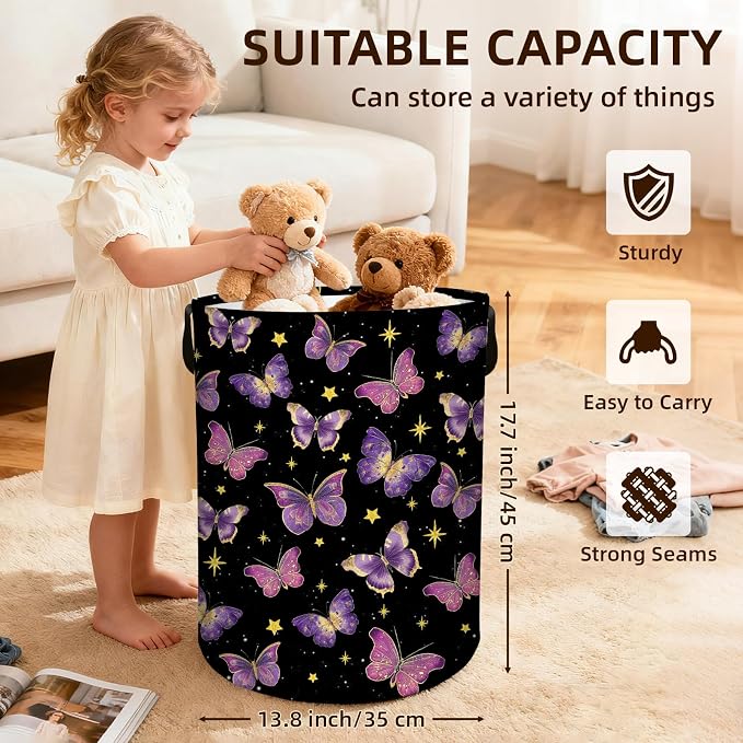 Butterfly Laundry Hamper Girls Boys, Baby Nursery Laundry Basket for Bedroom, Round Collapsible Waterproof Storage Bin with Handles for Toys, Storage Basket for Boy, Butterfly Room Decor, 13.8x17.7in